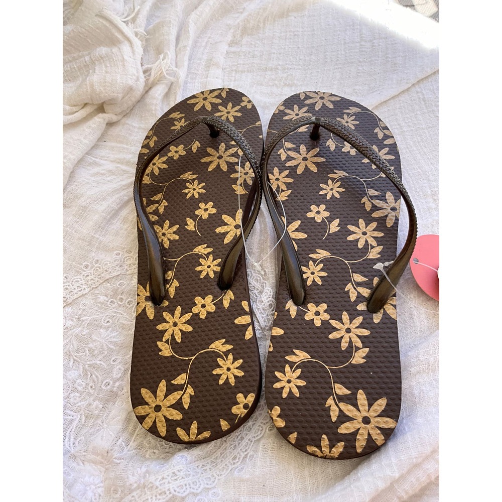 NOS SO Beach Flip-Flops BROWN+GOLD foil flowers 9-10